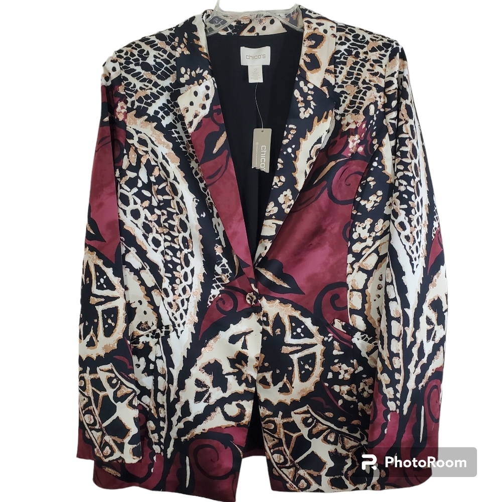 NWT Chico's Blazer Jacket Red Maple Large Business Casual Satin Modern Boho - Picture 2 of 14